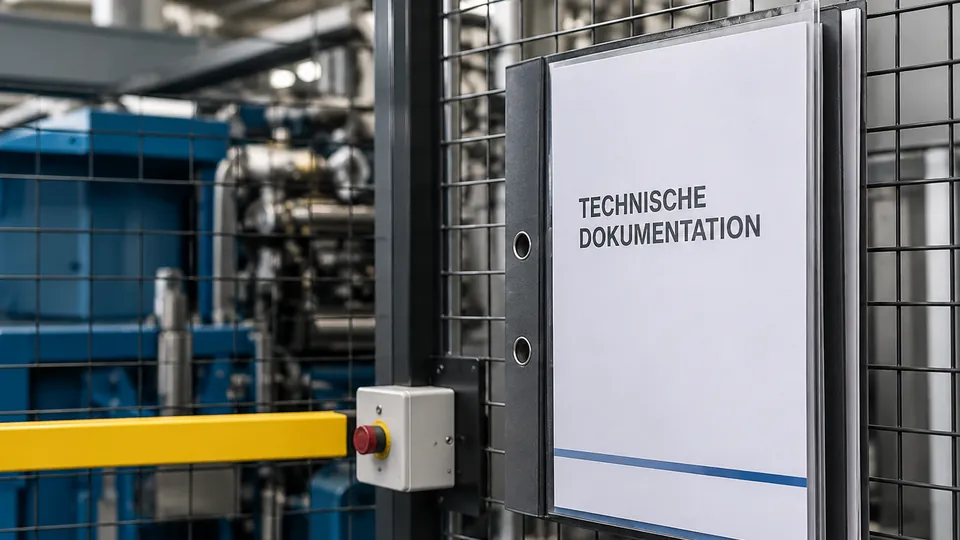Eine Klarsichthülle mit der Aufschrift „Technische Dokumentation“ hängt am Schutzgitter einer Maschine