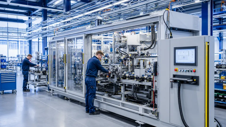 Zwei Monteure arbeiten an einer eingehausten Montageanlage in einer Fertigungshalle
