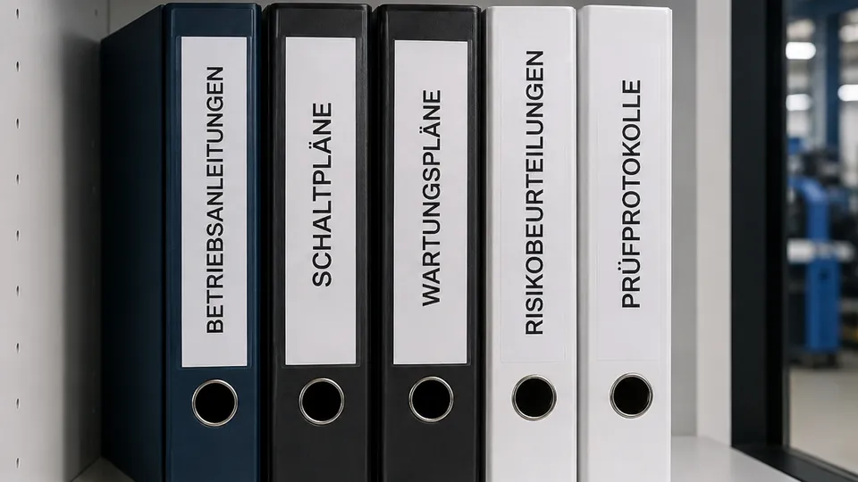 Fünf Aktenordner nebeneinander, beschriftet mit Betriebsanleitungen, Schaltpläne, Wartungspläne, Risikobeurteilungen und Prüfprotokolle